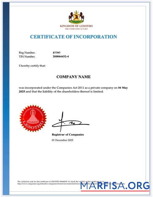 Realistic Lesotho certificate of incorporation Word and PDF template